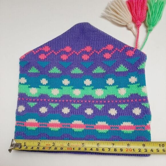 Retro 80's MURRAY MERKLEY 100% Wool Intarsia Geo Pattern Knit Beanie Hat Pom-Pom - Picture 2 of 15